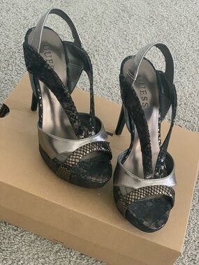 GUESS Black Lace and Silver Metallic Slingback Heels